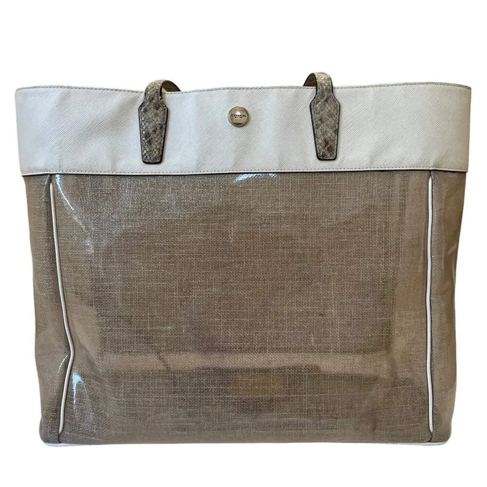 Coach Translucent Vinyl Burlap And White Leather Tote With Coin Purse